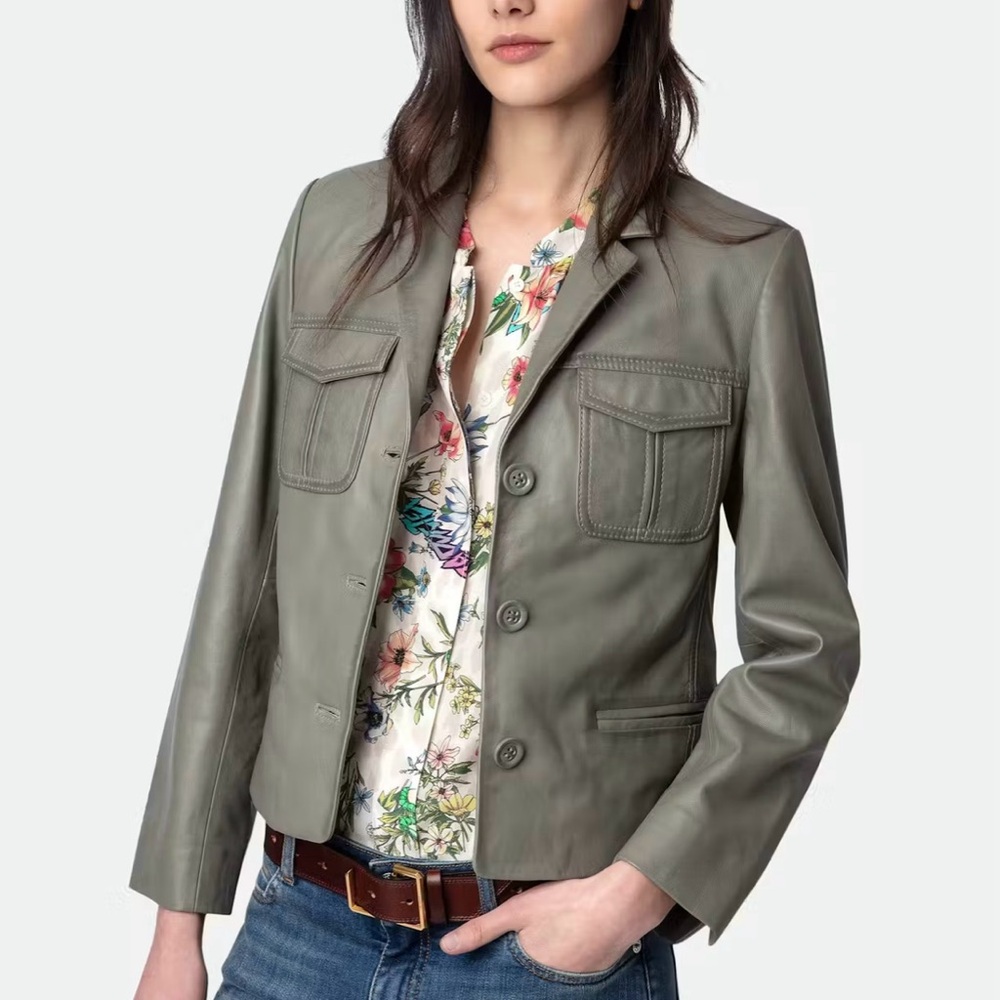 Zadig & Voltaire Liams Green-Grey Leather Jacket, Size Medium, NWT